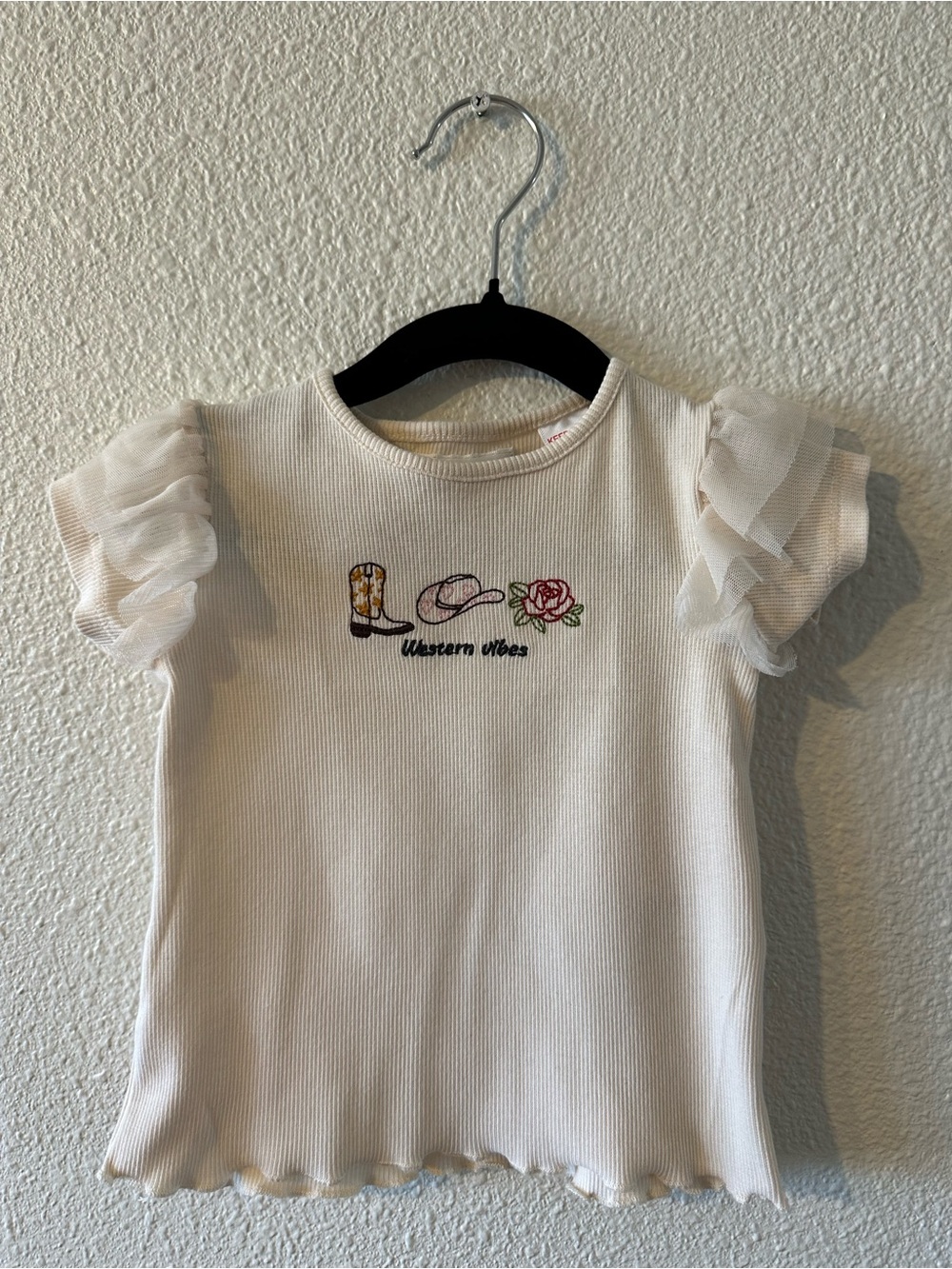 Zara Cream Ruffled Sleeve Tee with Western Embroidery